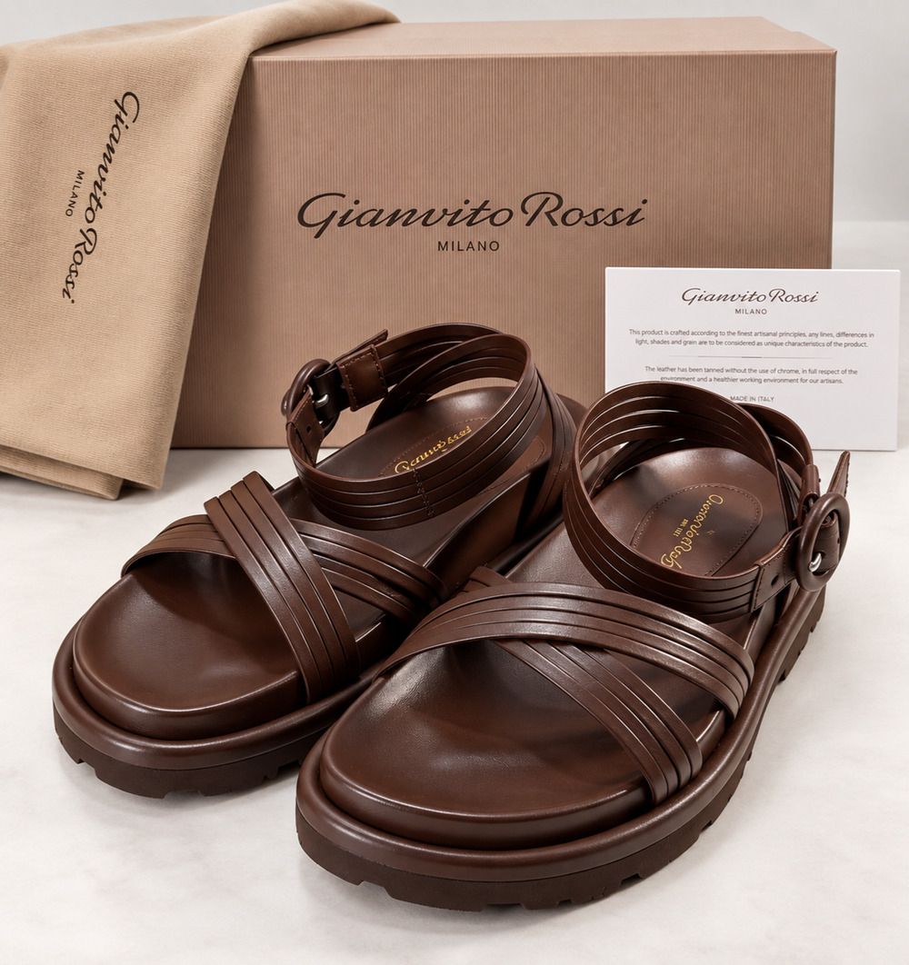 Gianvito Rossi Lianne Brown Nappa Leather Flat Multi-Strap Sandals Size 35.5 IT